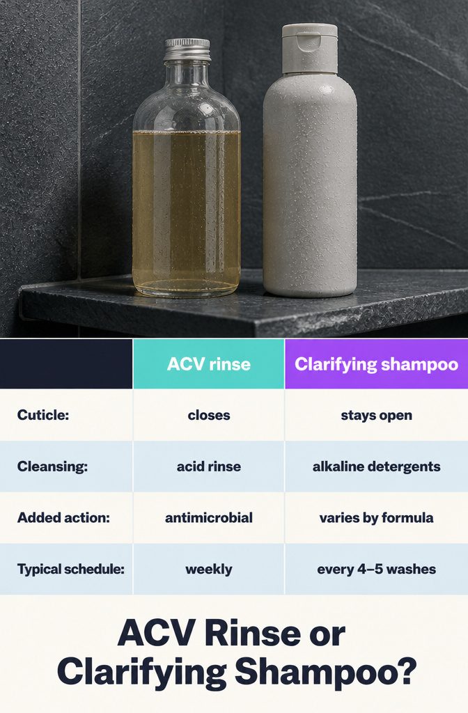 Beauty infographic comparing a vinegar rinse and clarifying shampoo