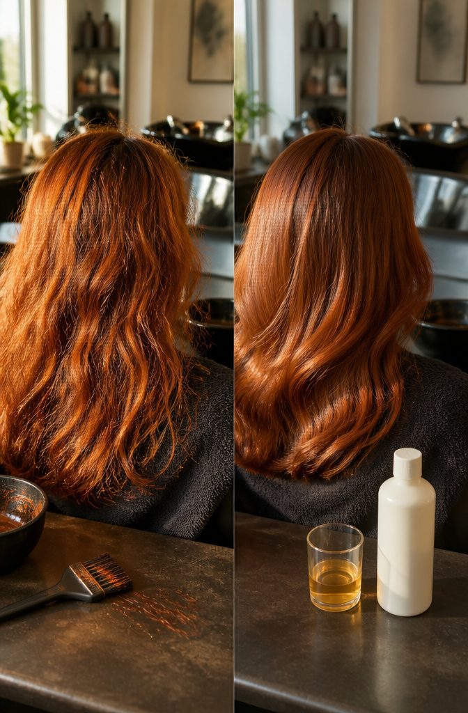 Apple cider vinegar arranged with hair-care items for a color-treated hair feature