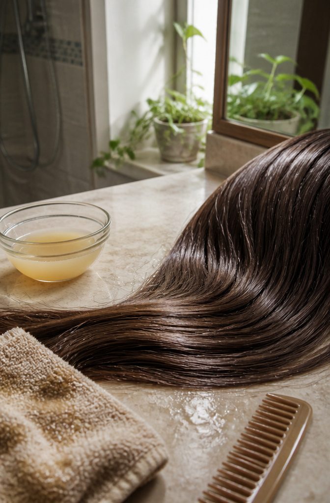 Apple cider vinegar arranged with hair-care items for a hair and scalp feature