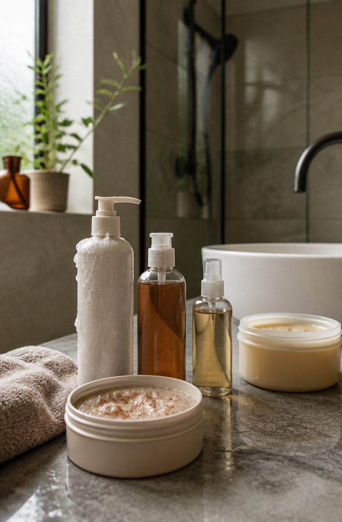 Unbranded shampoo, treatment, serum, and scalp scrub in varied containers