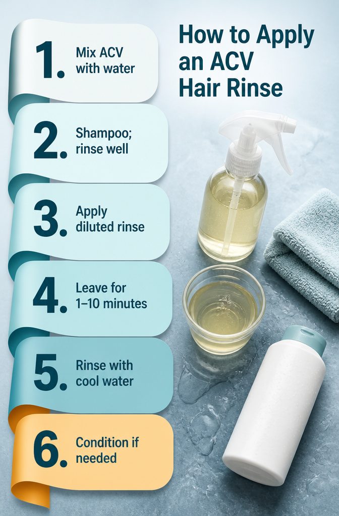 Beauty infographic showing steps for applying an apple cider vinegar hair rinse