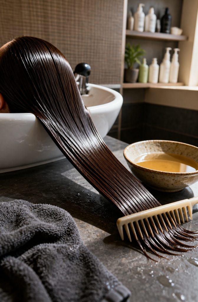 Smooth shiny hair with a wide-tooth comb and a small bowl of diluted vinegar