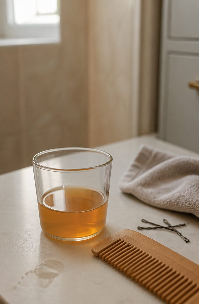 Apple cider vinegar arranged with hair-care items for a scalp and hair growth feature