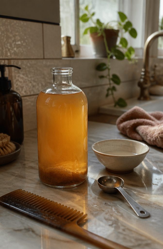 Plain glass bottle of cloudy vinegar with sediment beside a small bowl and measuring spoon