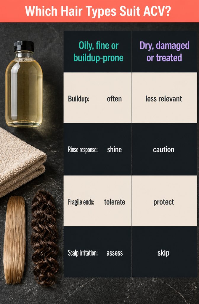Beauty infographic comparing hair types for an apple cider vinegar rinse