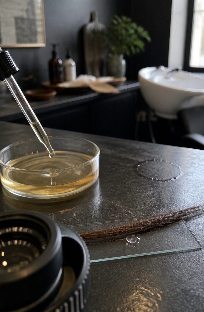 Magnified hair cuticle scales beside a glass dropper and shallow dish of diluted vinegar