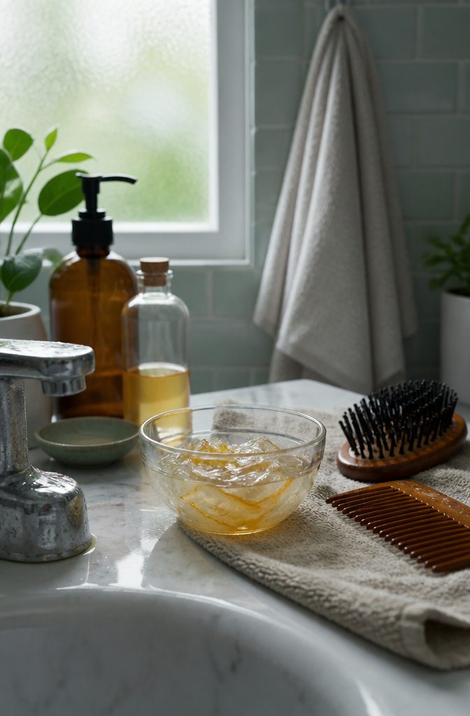 Bowl of aloe gel with apple cider vinegar and honey beside a wet brush and wide-tooth comb