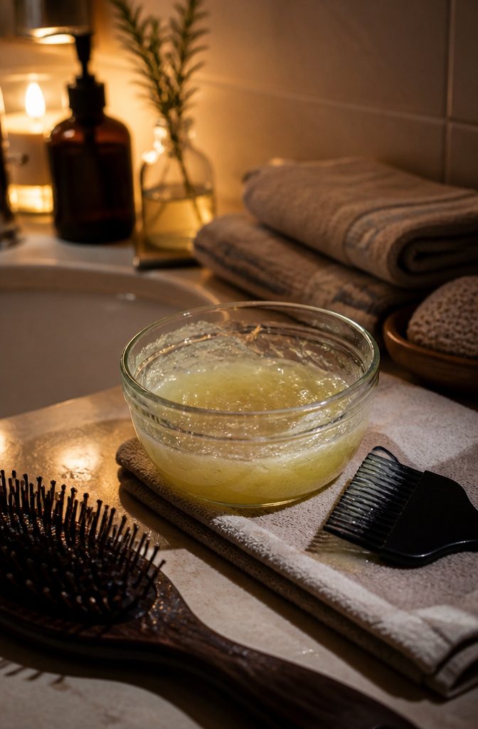 Thick aloe gel mixed with castor oil and rosemary oil in a glass bowl beside an applicator comb