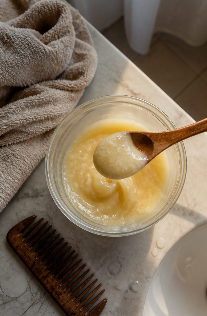 Aloe gel mixed with coconut oil and honey in a thick hair mask