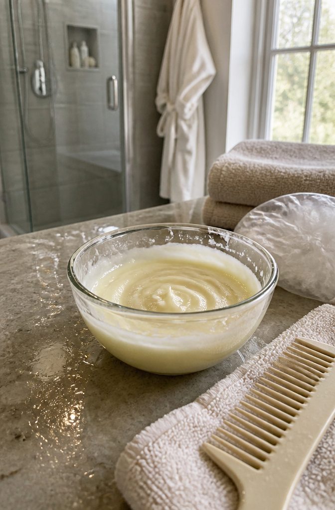 Aloe vera gel and coconut oil stirred into a smooth paste in a bowl