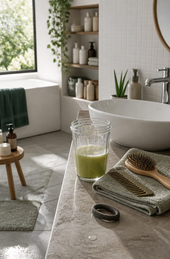 Green tea and aloe vera blended into a smooth mixture in a bowl