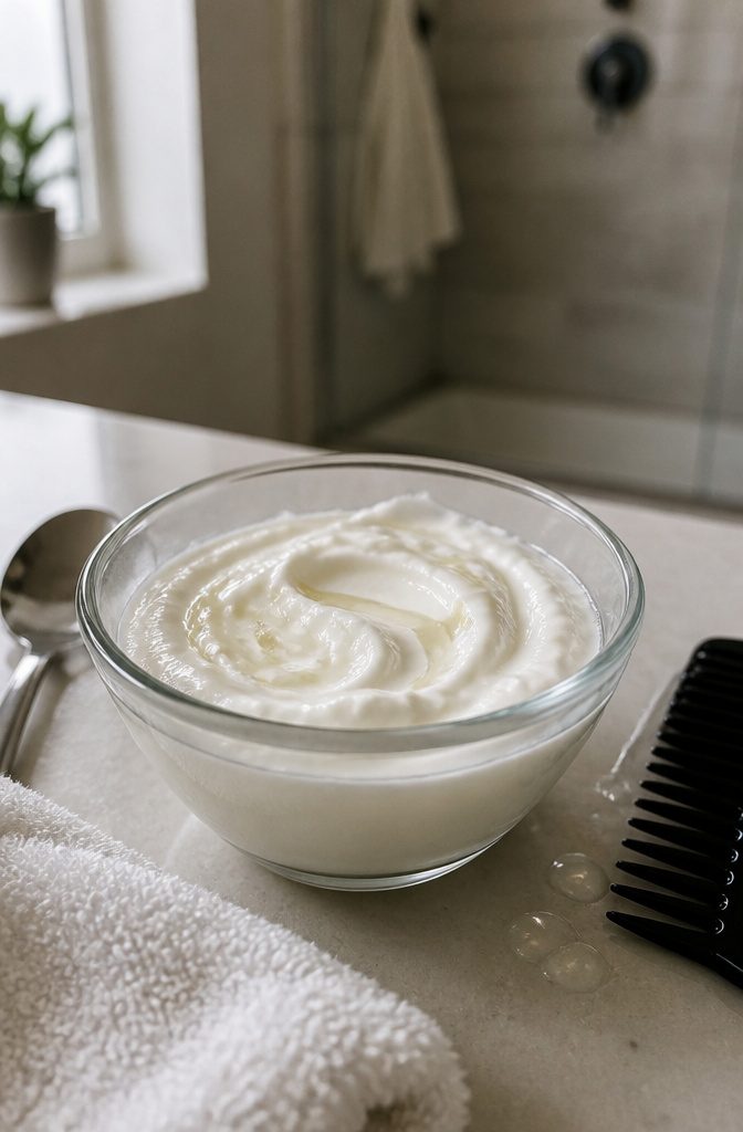 Plain Greek yogurt and aloe gel mixed into a creamy hair mask