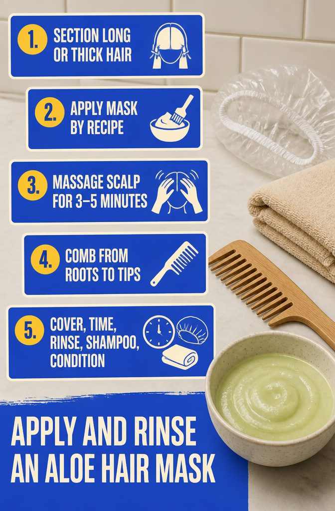 Aloe hair mask application steps with sectioned hair a shower cap and towel