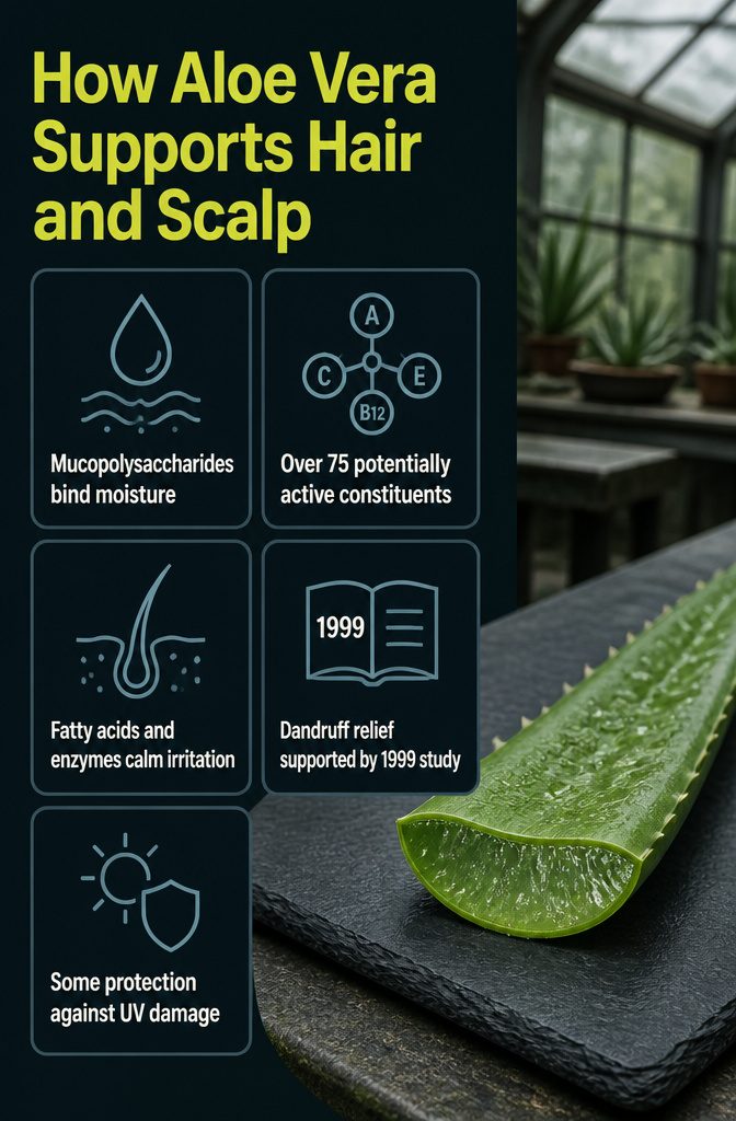 Aloe vera gel beside a simple diagram of hair strands and scalp