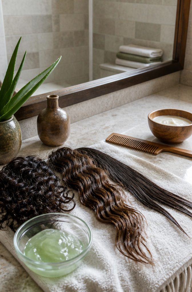 Damp curl section wavy lock and fine straight strands on a cotton towel beside aloe gel