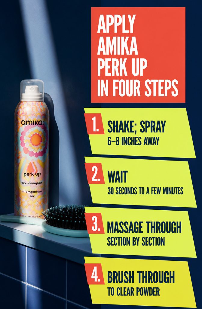 Beauty instruction graphic with four steps for applying dry shampoo