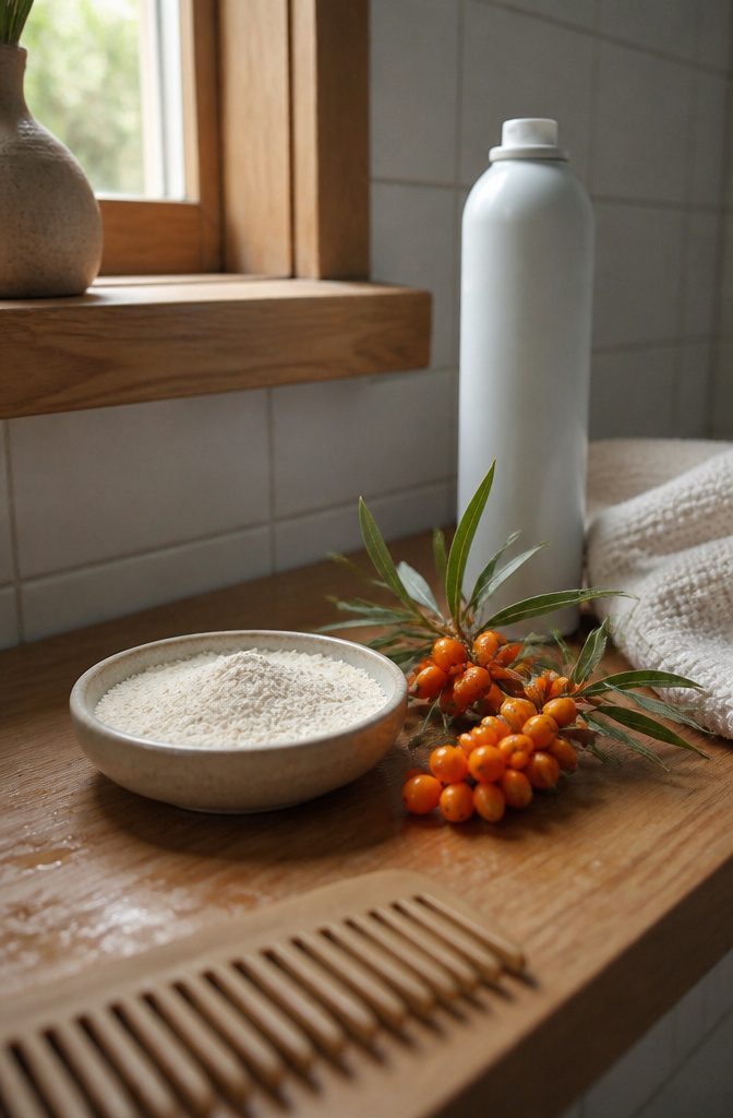 Pale rice starch in a ceramic dish with orange berries green leaves and an aerosol can