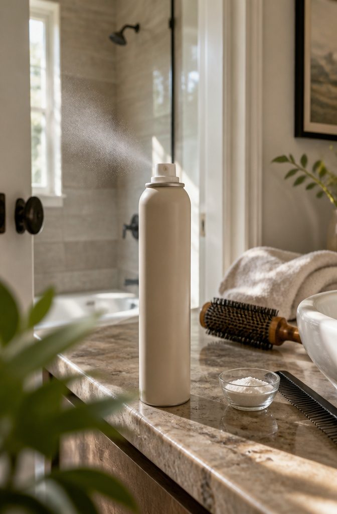 Amika dry shampoo can arranged against a simple beauty backdrop