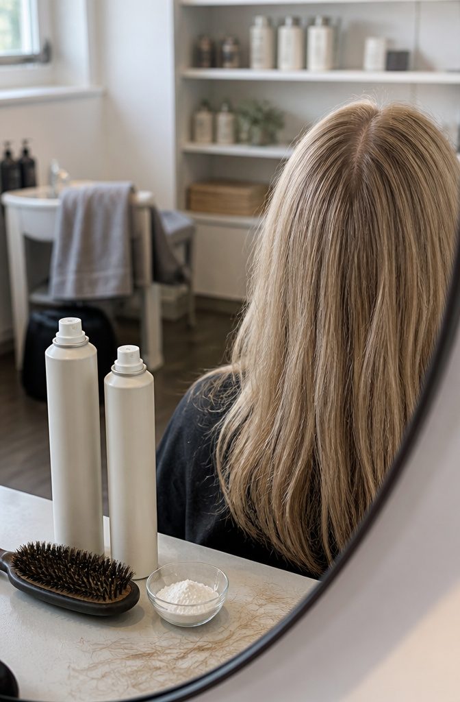 Fine hair parted at the crown beside two cans a brush and rice starch