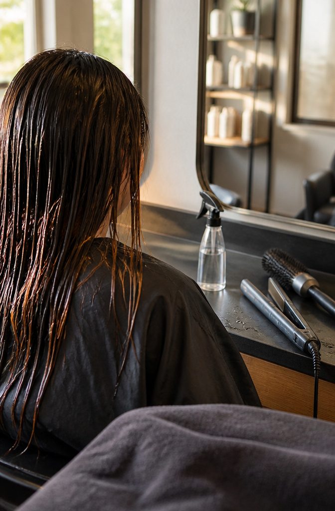 Damp hair beside a clear spray bottle flat iron and round brush