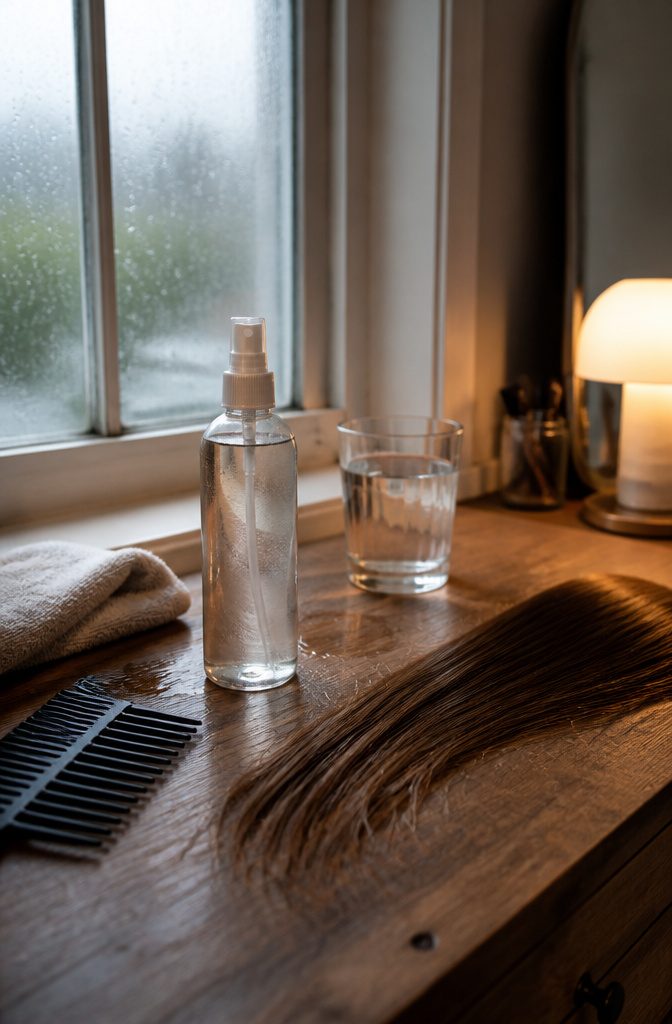 Smooth hair and clear spray bottle beside a comb and folded towel