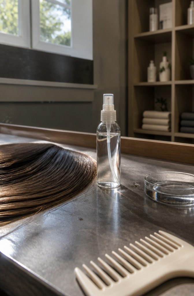 Smooth hair strands beside a clear spray bottle and wide-tooth comb