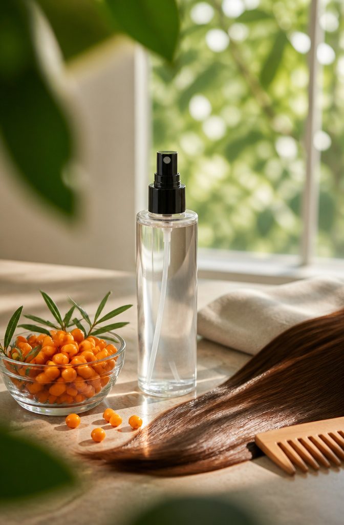 Amika The Shield spray bottle beside hair for a sea buckthorn article