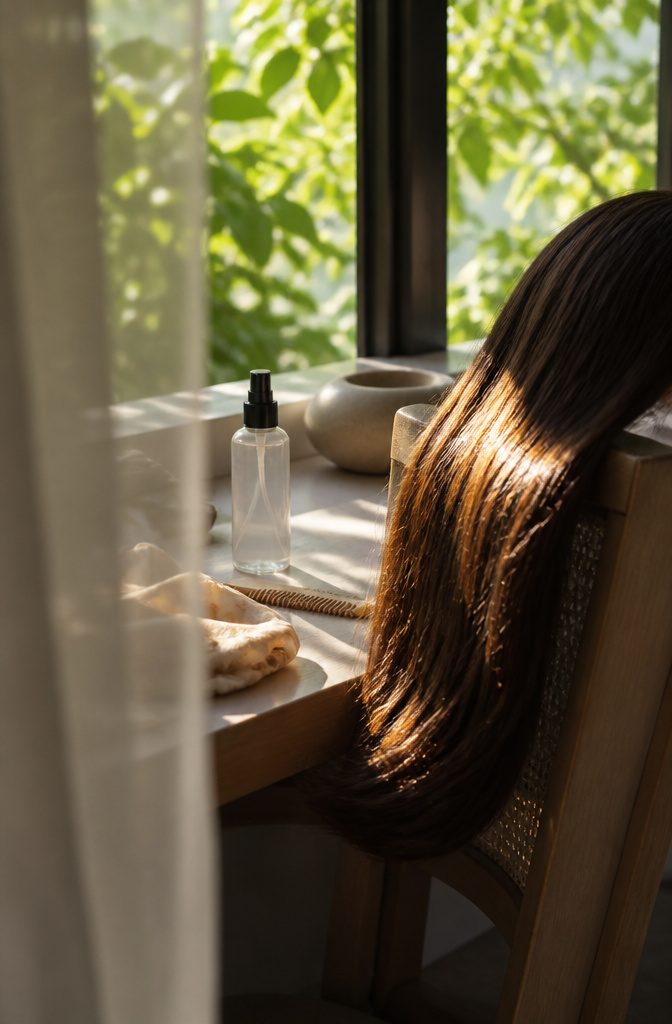 Chestnut hair and clear spray bottle in a bright dressing area