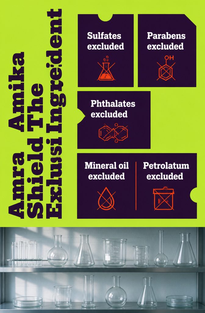 Beauty graphic titled Amika The Shield Ingredient Exclusions