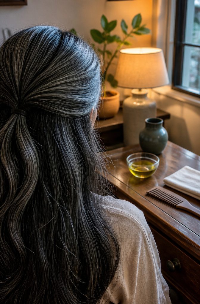 Dark hair threaded with silver beside amla oil bowl and comb