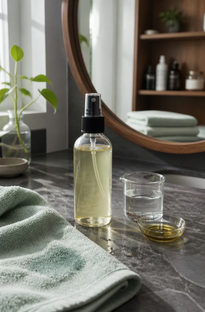 Clear spray bottle with pale golden amla mixture beside measuring cup