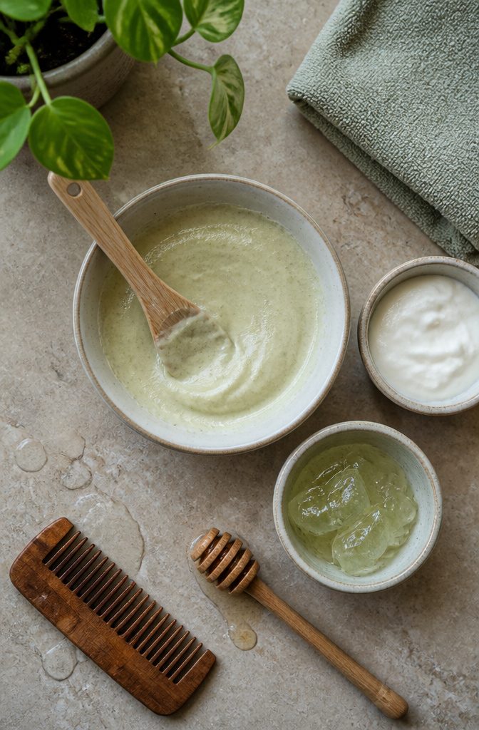 Amla oil beside plain yogurt and aloe gel for a hair mask