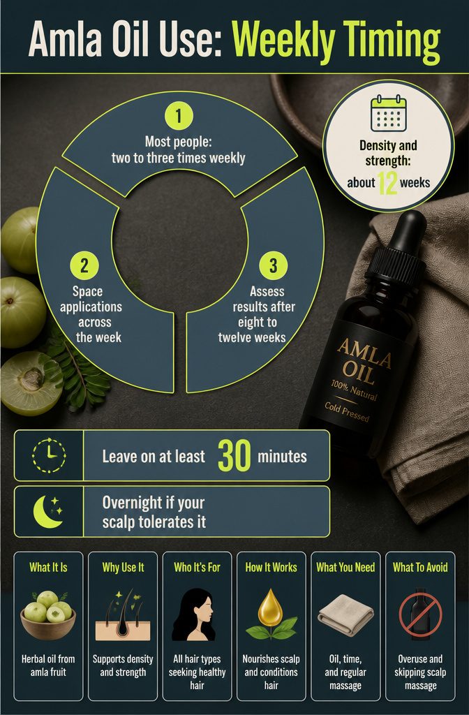 Beauty infographic titled Amla Oil Use Weekly Timing