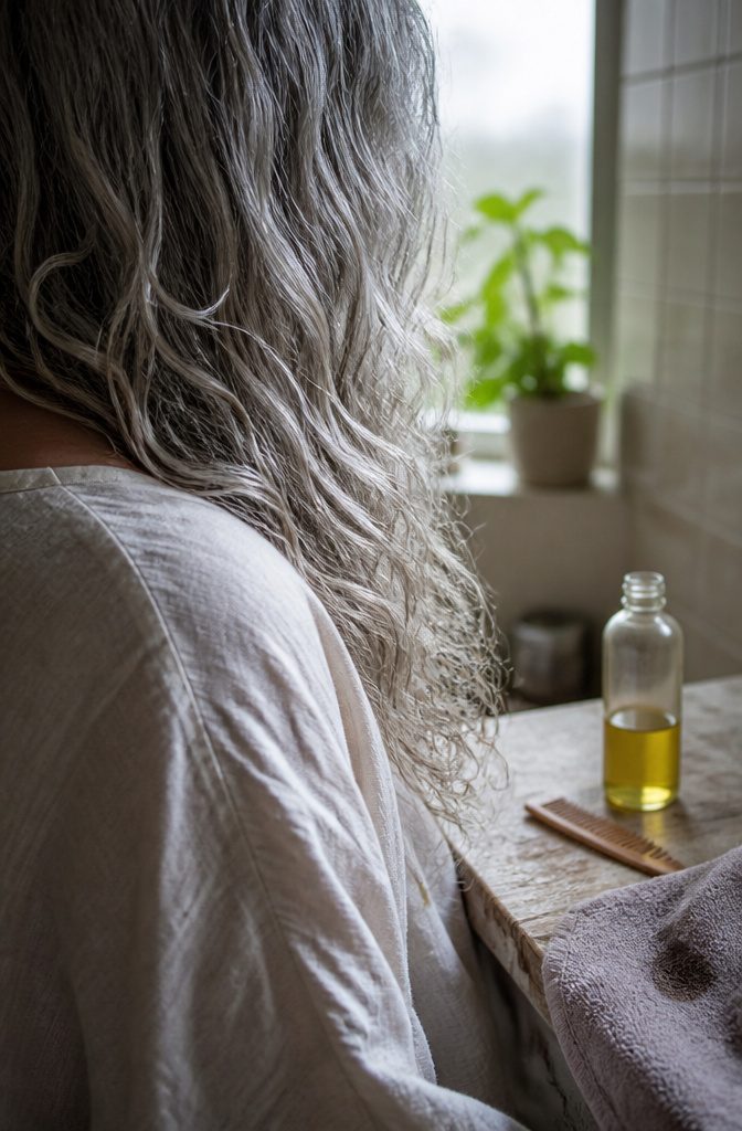Damp silver curls with amla oil smoothed onto the ends