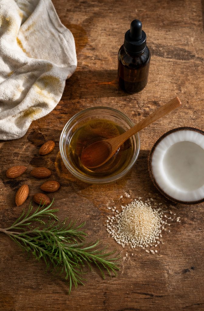 Amla oil beside castor oil and rosemary for a hair blend