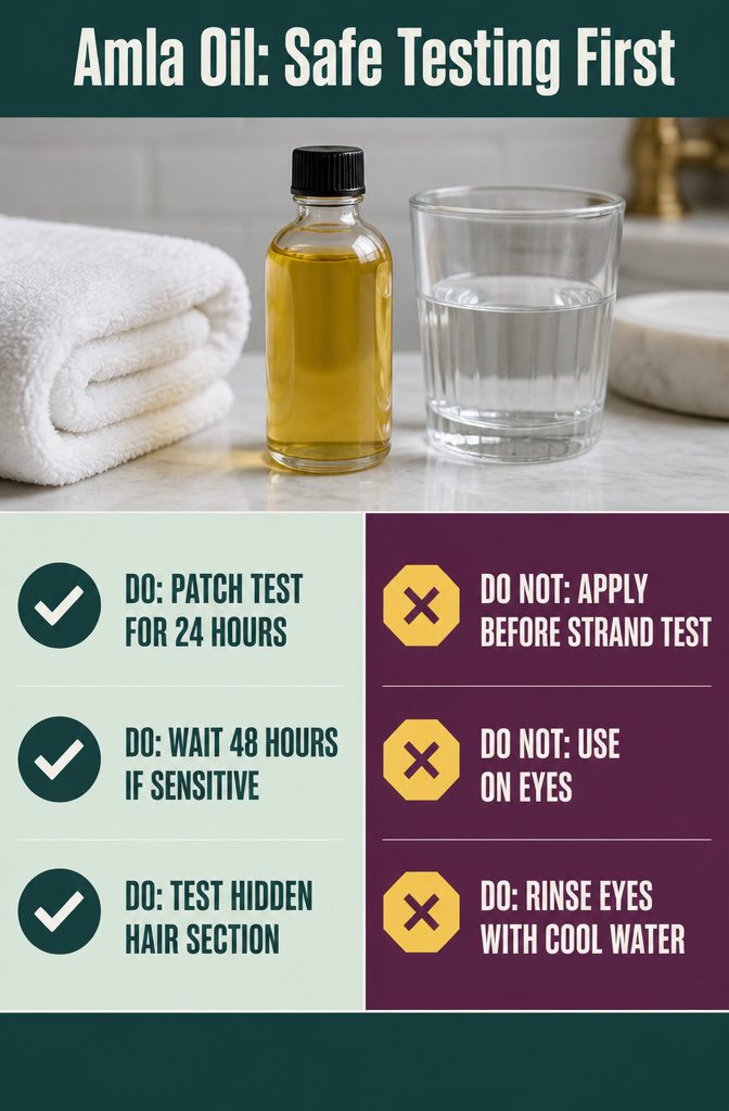 Beauty infographic titled Amla Oil Safe Testing First