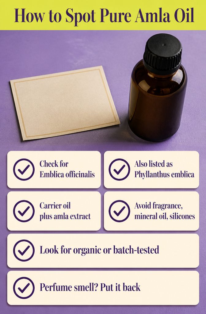 Beauty infographic titled How to Spot Pure Amla Oil