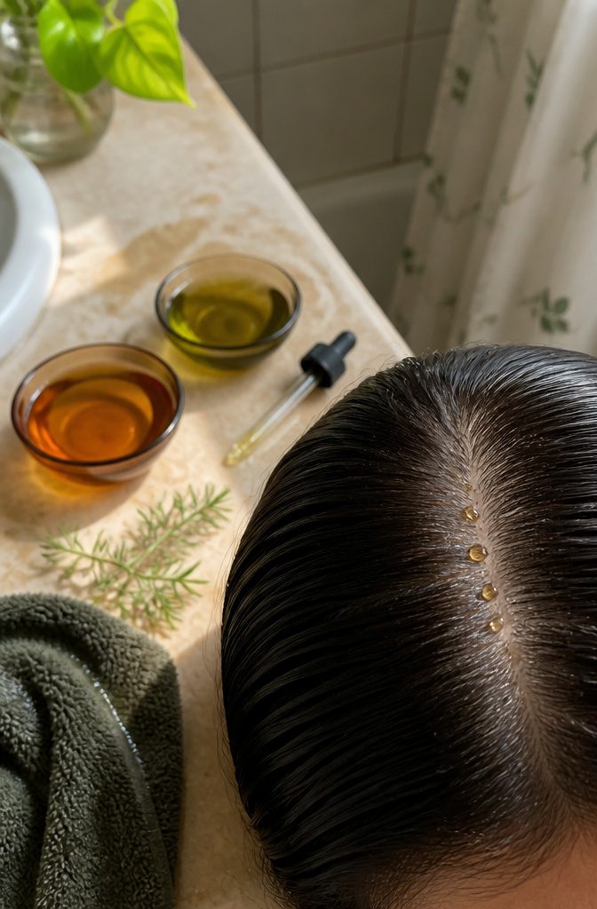 Clean hair part with oil drops beside amber dishes and tea tree sprig