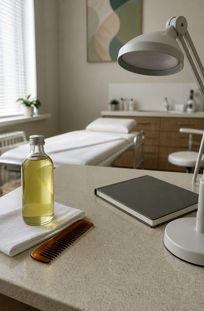Oil bottle beside closed notebook and examination lamp on consultation desk