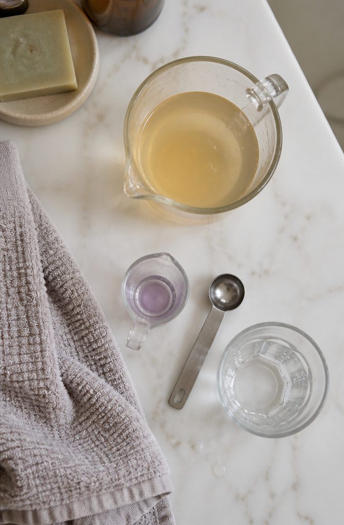 Cup beside a diluted apple cider vinegar hair rinse