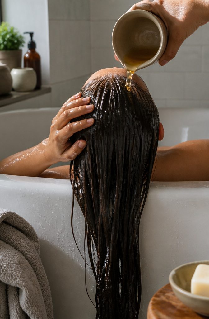 Diluted hair rinse pouring over wet hair while fingers massage the scalp