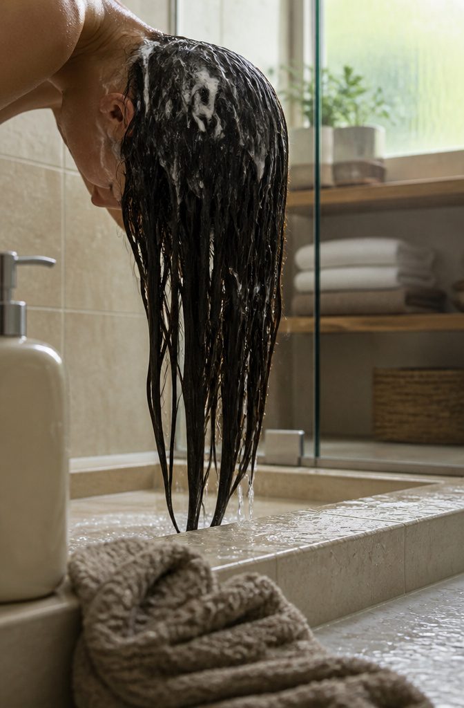 Wet hair prepared for an apple cider vinegar rinse