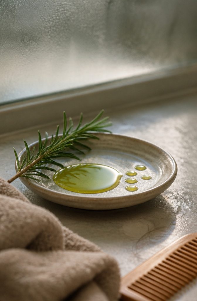 Avocado oil and essential oil beside damp hair under a warm towel