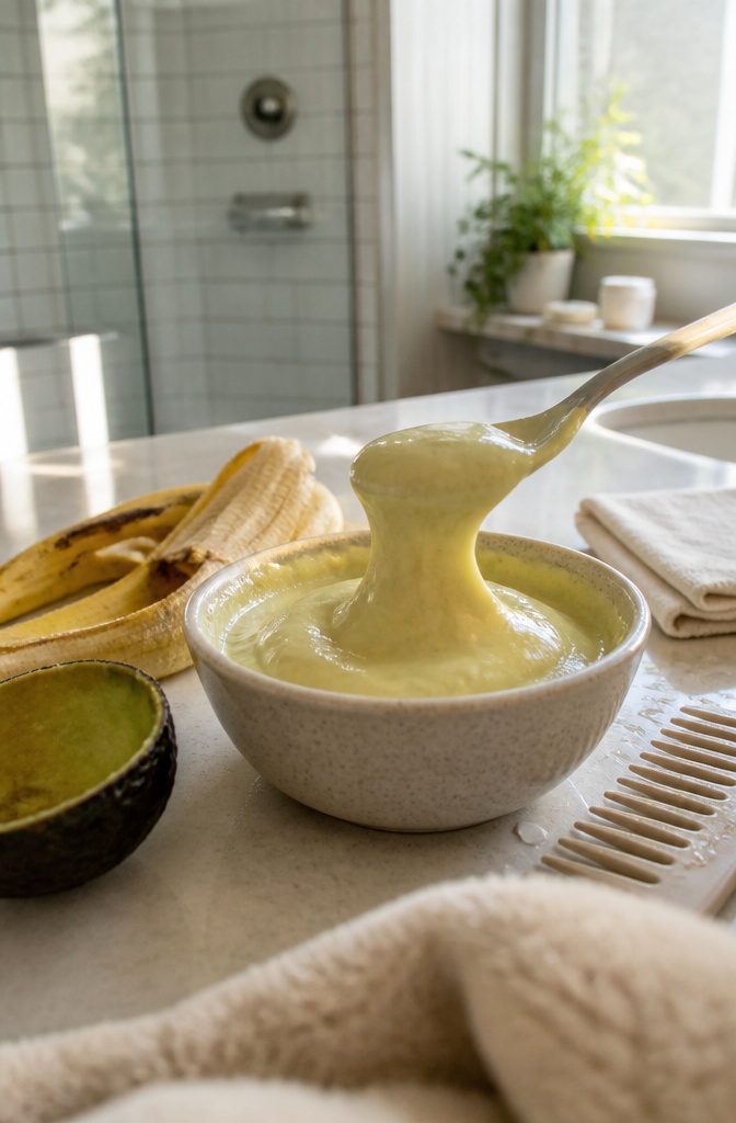 Mashed banana and avocado with coconut milk in a small bowl