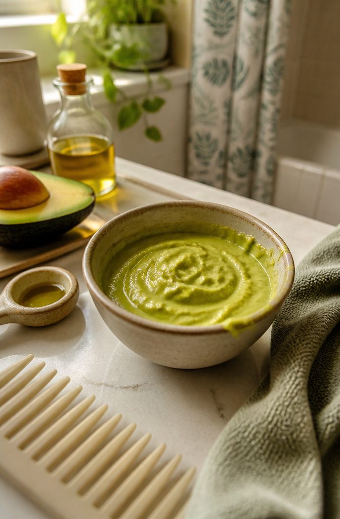 Mashed avocado with castor oil and olive oil in a small bowl