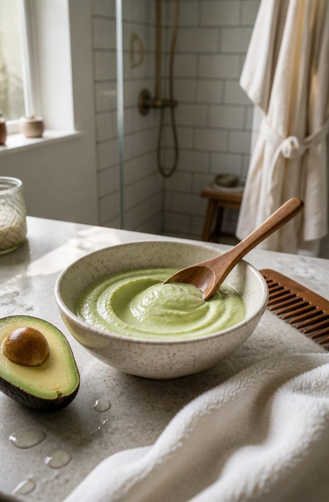 Mashed avocado mixed with coconut oil in a small bowl