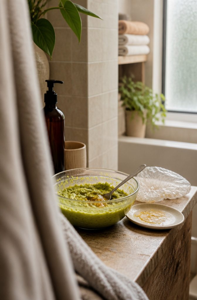 Mashed avocado and glossy amber honey in a shallow glass bowl