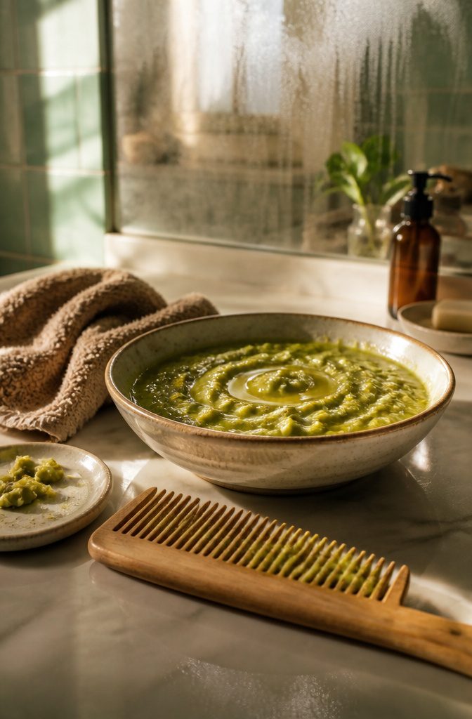 Glossy avocado olive oil and honey mixture beside a wooden comb