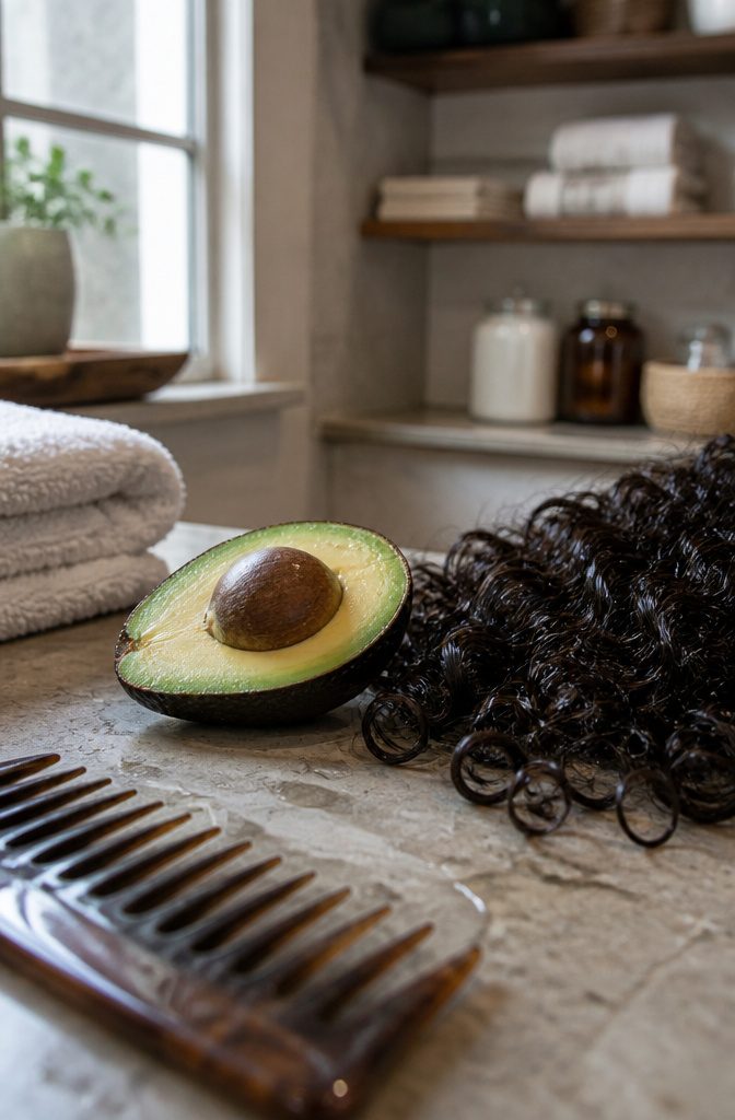Cut avocado with pebbled skin beside glossy dark naturally textured hair