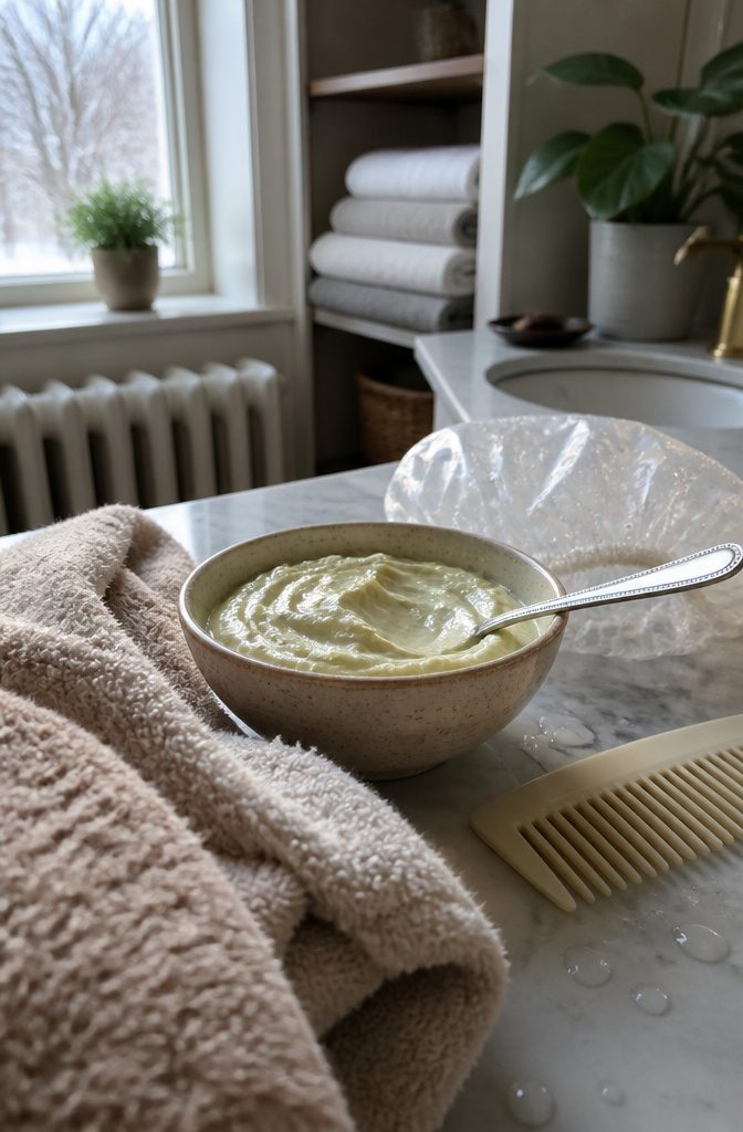 Creamy avocado oil and yogurt mixture in a bowl beside a warm towel